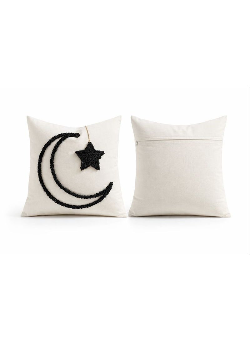 Home Care Ramadan Eid Moon & Star Cushion Cover | White Pillow Case with Black Beaded Embroidery, Elegant Islamic Home Decor for Sofa, Bed & Living Room - Image 5